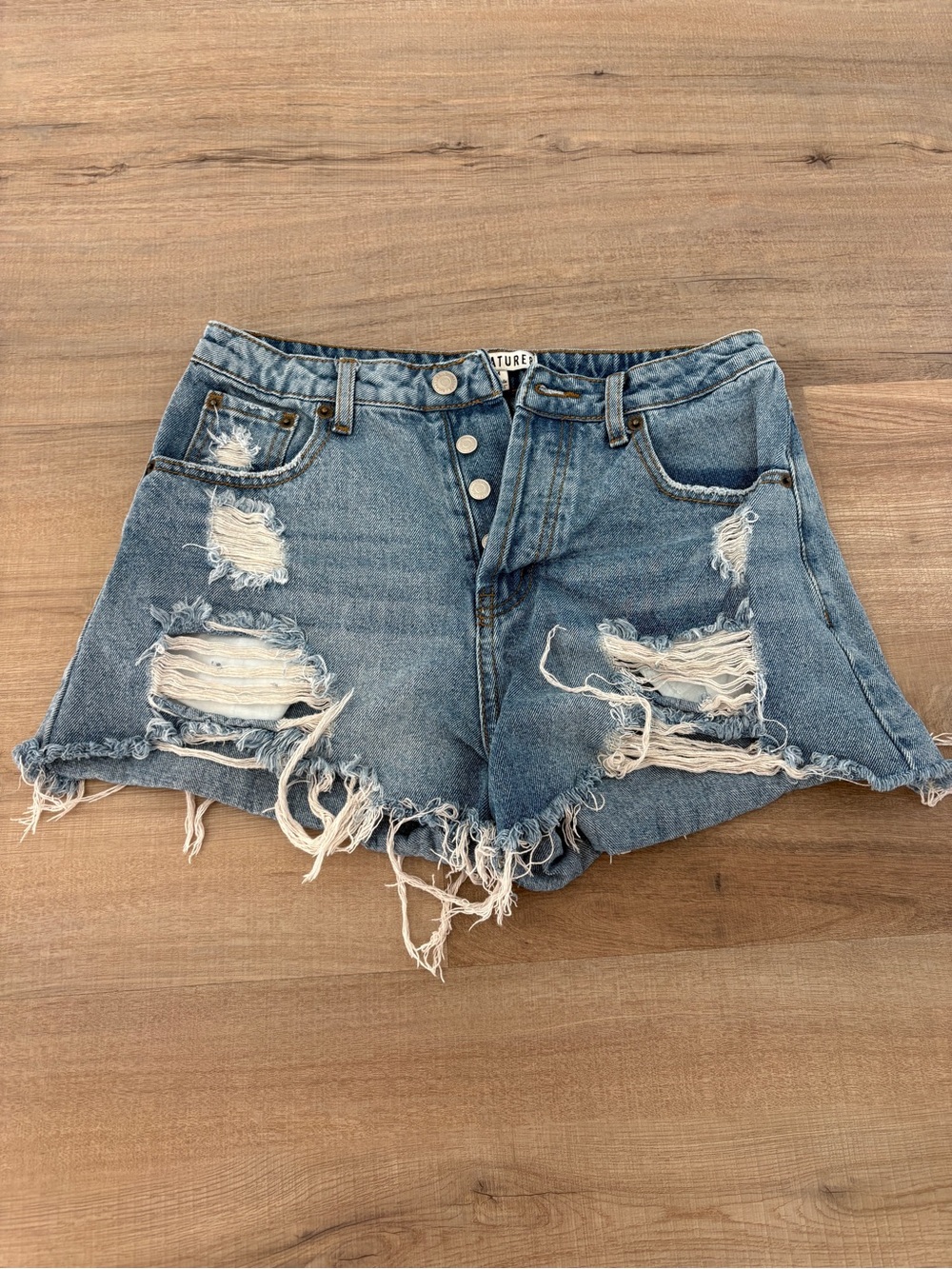Signature Distressed High-Waist Blue Denim Shorts